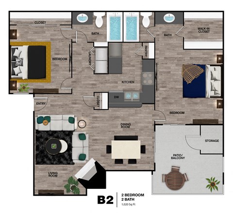 A floor plan of a B2 apartment with 2 bedrooms and 2 bathrooms.